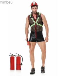 Sexy Set Sexy Fireman Cosplay Come Nightclub Game Erotic Theme Party Club Stage Show Outfit Men Halloween Fishnet PVC Leather JumpsuitL240122