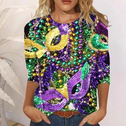 Women's T Shirts Mardi Gras Womens T-Shirts Holidays Carnival Printed Woman Tees 3/4 Length Sleeve Round Neck Shirt Top Y2k Clothes