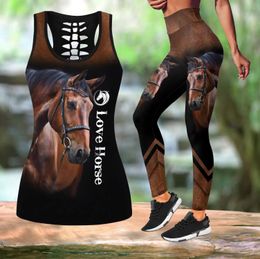 Capris Beautiful Love Horse 3d All Over Printed Hollow Tank Top & Leggings Set Fiess Female Full Length Leggings Running Pants Ddk94