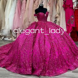 Fuşya mor ışıltılı prenses quinceanera kapalı omuz gillter kristal payetler balo balo sweet 15 vestidos de cerimonia