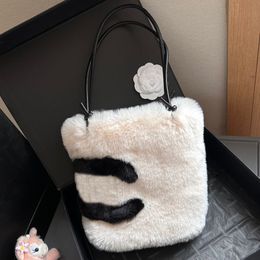 Women Designer Fluffy Panda Underarm Bag Tote with Leather Strap 25cm Black White Two-Tone Design Large Capacity Lovely Soft Shoulder Handbag Casual Makeup Purse