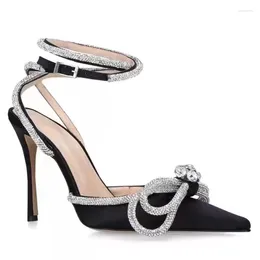 Dress Shoes Ladies Sale 2024 Mach Bow Wraparound Ankle Strap Pumps Crystals Pointed Toe Diamond Silk Satin Covered Stiletto Heels