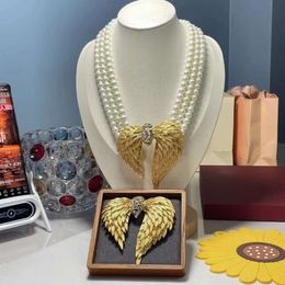 Luxury Exaggerated Multi-layer Pearl Necklace Fashion Vintage Gold Colour Wings Rhinestone Earrings Women Wedding Banquet Jewellery