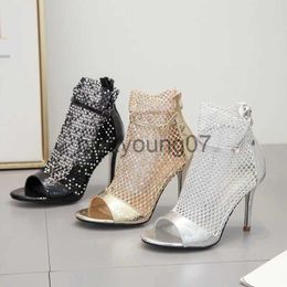 Sandals Fashion Spring Gold Glitter Rhinestone Mesh Ankle Sandals Boots High Heels 10CM Sexy Booties Peep-toe Pumps Lady Party ShoesJ240122