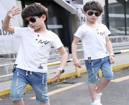 New Sport Suits Teenage Summer Boys Clothing Sets Short Sleeve T Shirt Hole Jeans Casual 5 7 9 10 12 13 Yrs Child Boy Clothes X02679092