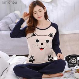 Women's Sleep Lounge Autumn Thin 2pieces Pyjamas Set Women 2022 Cotton Round Neck Girls Bear Pajamas Sets Teacup Cat Full Sleepwear Clothess TopsL240122