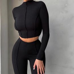 Capris Autumn Solid Two Piece Set Women's Outfits Half High Collar Long Sleeve Crop Top+skinny Leggings Lady Casual Sporty Suit