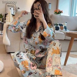 Women's Sleep Lounge Pyjamas for Female Spring and Autumncute Cat Cardigan Long Sleeved Pyjamas Set Satin Loungewear Women Lingerie Kaii Girl's PjsL240122