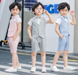 Kids summer sets boys plaid Vneck single breasted waistcoat outwearhalf shortsTiewhite short sleeve shirt 4pcs children perfor2400964