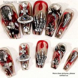 False Nails Punk Rock Skull Design False Nails Tips Halloween Press On Nails Y2K Handmade Medium Length Coffin Reusable Fake Nail With Glue Q240122