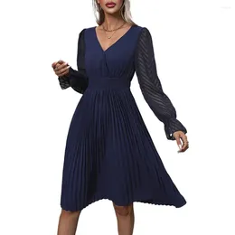 Casual Dresses Women Dress V Neck Elastic Tight High Waist Solid Color Pleated Lace-up Back See-through Sleeve Soft Knee Lengt Fall Midi