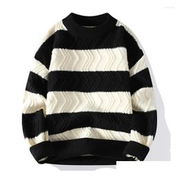 Mens Sweaters 2023 Winter Patchwork Striped Sweater Korean Version Loose Crew-Neck Simple For Couples O-Neck Drop Delivery Apparel Clo Dhrvn