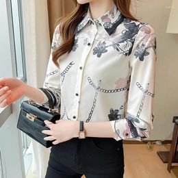 Women's Blouses Flower Chain Blouse Women Long Sleeve Lapel Fashion Print Slim Satin Silk Shirt Ladies Streetwear Casual Tops Spring Summer