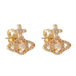 Satellite Earring Designer Women Top Quality With Box Charm Western Empress Cross Line Inlaid Pearl Earring For Women And Luxury Feeling Shiny Full Diamond Earring