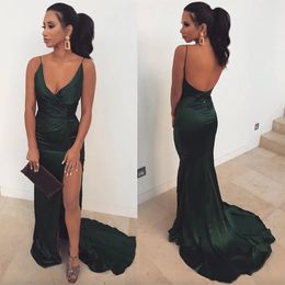 Cheap Sexy Straps Spaghetti Hunter Green Mermaid Prom Dresses 2024 Long Backless Side Split Evening Bridesmaid Dresses Gowns