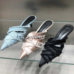 Sandals 2024 Women Pumps Metal Decoration Female Shoes Thin High Heels New In Fashion Pointed Toe Ladies Sandals Blue Slides FootwearJ240122