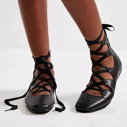 Dress Shoes Women's Black Wrapped Flat Pump Casual Square Toe Zipper Flats Hollow Solid Lace Up Cross Straps Women Party