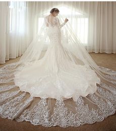 Amazing 4M One Layer Long Cathedral Wedding Veils Lace Trim Soft Tulle Ivory Blusher Bridal Veil Accessories7516200