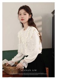 Women's Blouses Women Autumn Sexy White Lace Shirt Long Sleeve Mesh Tops 2024 Elegant Hollow Out Blouse Chic Design