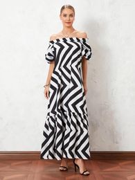 Party Dresses Women's Off Shoulder Long Dress Bohemian Puff Sleeve Wavy Striped Print Flowy Summer Vacation