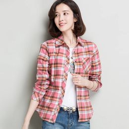 Women's Plaid Brushed Flannel Shirts Single Patch Pocket Slim Long Sleeve Cotton Thick Young Casual Blouse Top Versatile Shirt 240118