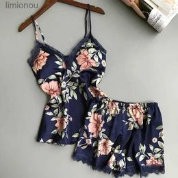 Women's Sleep Lounge Flower And Printing Women Summer Pyjamas Camisole Sleepwear Shorts Sexy Set Nightgowns Casual PajamaL240122