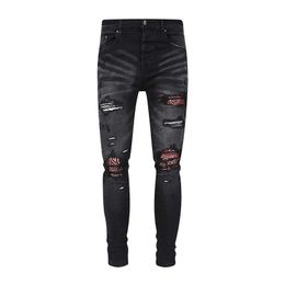 Men's Jeans New trendy brand cashew flower Coloured printed patch with pleated patch elastic slim fit black jeans