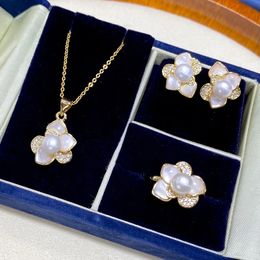 Sets one set freshwater pearl 67mm pendant /earrings/Ring white zircon sea shell flower pendant