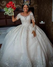 Luxury 2024 Arabic Dubai Plus Size Lace Wedding Dress Beading Long Sleeve O Neck Illusion Bridal Gowns Robe De Mariage Vestido de Noivas