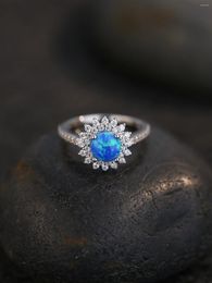 Cluster Rings Sterling 925 Silver "Daisy" Ring With Natural Zircon And Blue Opal Fancy Style For Women's Daily Party Wear Or As A Gift