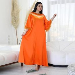 Ethnic Clothing Abaya For Women Ramadan Gurban Dubai Women's Fashion Diamond Feather Orange Set Dress Middle East Arab O-neck