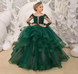 New Green Flower Girl Dresses for Weddings Lace Sequins Bow Open Back Long Sleeves Girls Pageant Dress Kids First Holy Communion G1544650