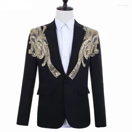 Men's Suits Luxury Gold Floral Sequin Patchwork Suit Jacket Men One Button Slim Fit Blazers Mens Wedding Groom Party Dinner Costumes