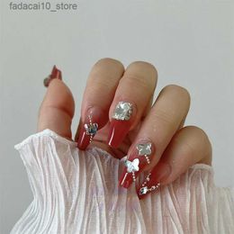 False Nails Long Style Fake Nails Gradient Pomegranate Red Charms Art Designed Full Cover Tips Wearable Press on Artificial Nail For Girls Q240122