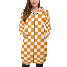 Women's Hoodies Orange White End Zone Checkered Pattern Fashion Casual Hooded Sweatshirt Tops Hgg1