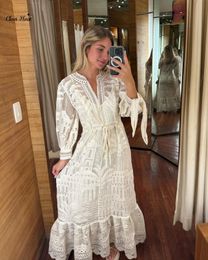 Women's Elegant Mesh Transparent Long sleeved A-line Lace Dress Women's Sexy V-neck Lace Top Wedding Party Green Dress 2023 240122