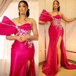 Aso Ebi Fuchsia Evening Dresses Lace Beaded Satin Formal Party Second Reception Birthday Engagement Gowns Black Girls Prom Dresses Robe De Soiree