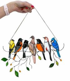 5PCS Multicolor 7 Birds on a Wire High Stained Suncatcher Wall Door Window Panel Bird Series 2021 Mother039s Day gift Party Dec6704039