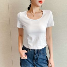 Showy Shirt Source Factory Short Sleeved T-shirt Women's Round Neck Exposed Navel Short Cut Slim Fit Tight Fitting Shirt Summer New Top