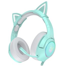 Headphones Onikuma K9 Green Cute Cat Ear Headphones Surround Sound Gaming Headsets With Mic With RGB Light For Laptop/PC/PS4/PS5/Xbox One