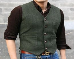 2021 Modest Dark Green Wedding Groom Vests Wool Herringbone Tweed Vests Groomsmen Vest Mens Suit Vest Prom Blazers Waistcoat Plus 2386653