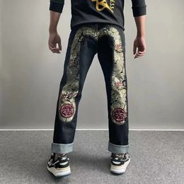 European and American Y2K Fashion Graffiti Print Street Men's Black Pocket Jeans Loose Straight Legged Men's 240122