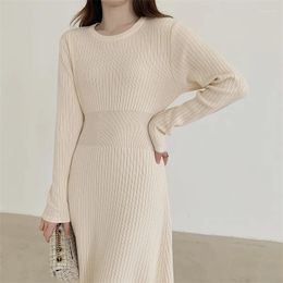 Casual Dresses Warm Apricot Woman Clothes Winter Korean Thick 2024 Elegant Sweater Dress Women Solid Knitted Midi Vestido