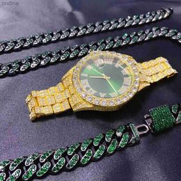 Other 3PCS Men's Women's Same Hip Hop Calendar Luxury Necklace Bracelet Jewellery Set Bling Green Dial Diamond Cuban Chain YQ240122