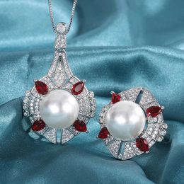 Sets 14mm White Big Pearl Women's Retro Ruby Emerald Stone Ring Necklace Set Send Mom Wedding Anniversary Gift Dropshipping Wholesale