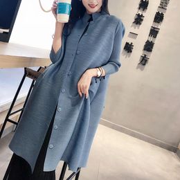 Women's Trench Coats Plicated Coat Women Single Breasted Solid Long Windbreaker Femme Spring Autumn Stand Collar Seven-point Sleeve Cardigan