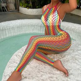 Sexy Set Hot Sexy Colourful Fishnet Bodystockings for Women Erotic Rainbow Transparent Mesh Lingerie Bodysuit Teddy Porno UnderwearL240122