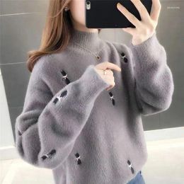 Women's Sweaters Mink Fluffy Clothes For Women 2024 Autumn And Winter Loose Inside With Lazy Half High Neck Plus Wool Thick Knit Bottom