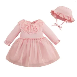 Girl Dresses Toddler Girls Dress Lace Doll Collar Bobbles Layered Tulle Hem Long Sleeve Baby Spring Casual Princess With Hat