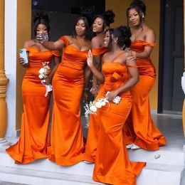 South African Orange Junior Bridesmaid Dresses Mermaid Elastic Satin Sweep Train Maid of Honour Dresses Bride Gowns for Nigeria Black Women Girls Marriage BR117